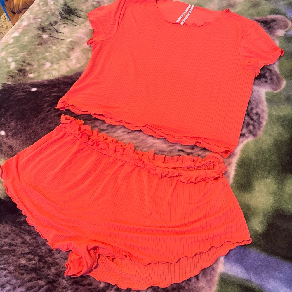 Vibrant Coral Ruffle Pajama Set